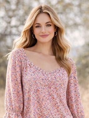 Universal Thread Floral Peasant Blouse Small Pink Boho 3/4 Sleeve Ruffle